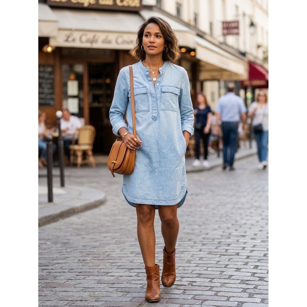 J.Crew Womens Light Wash Cotton Denim Band Collar Shift Dress XXS Pockets